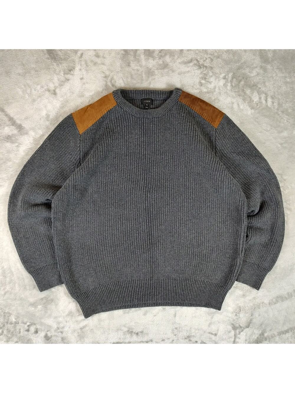 J Crew cotton knit grey casual leather shoulder patches crewneck sweater mens XL